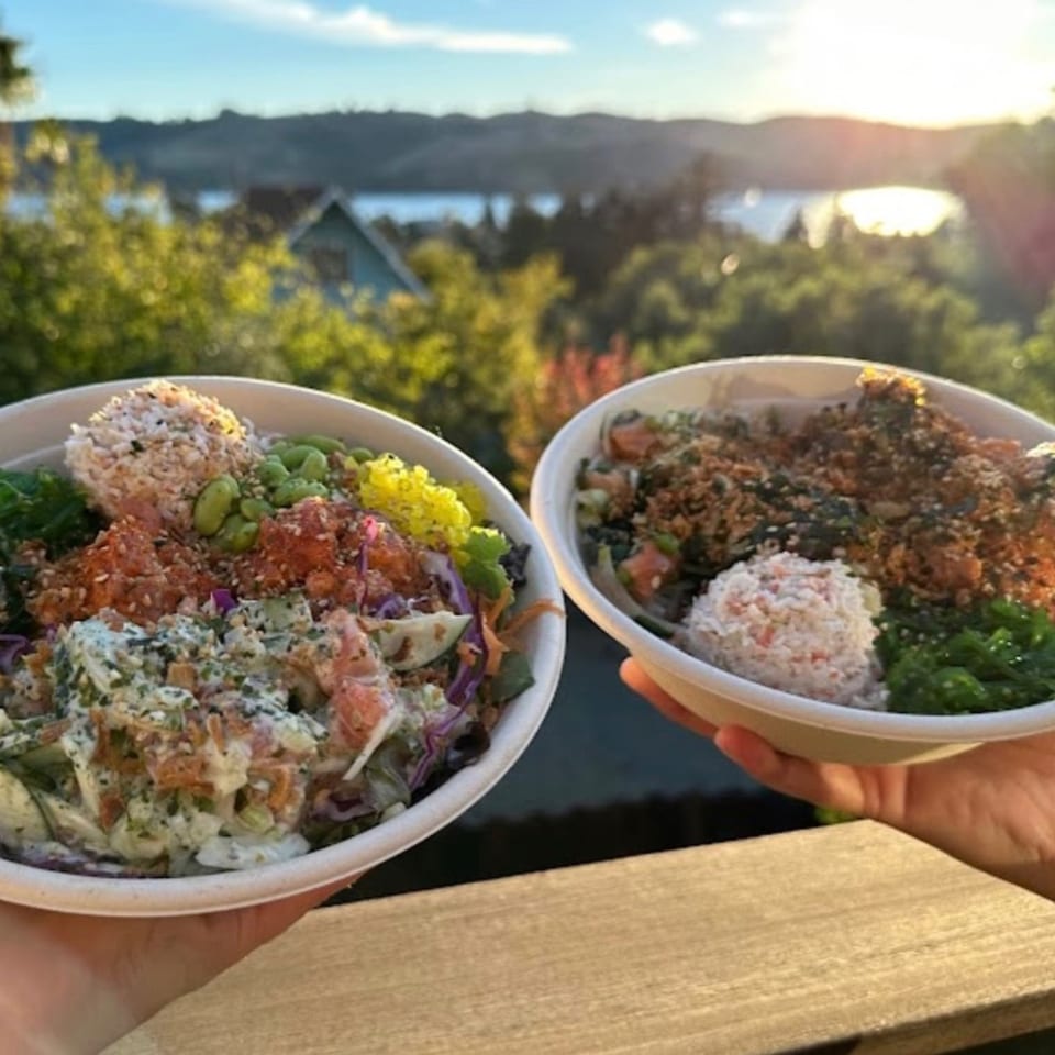 Two hands hold poke bowls filled with fresh ingredients against a scenic sunset and water view.